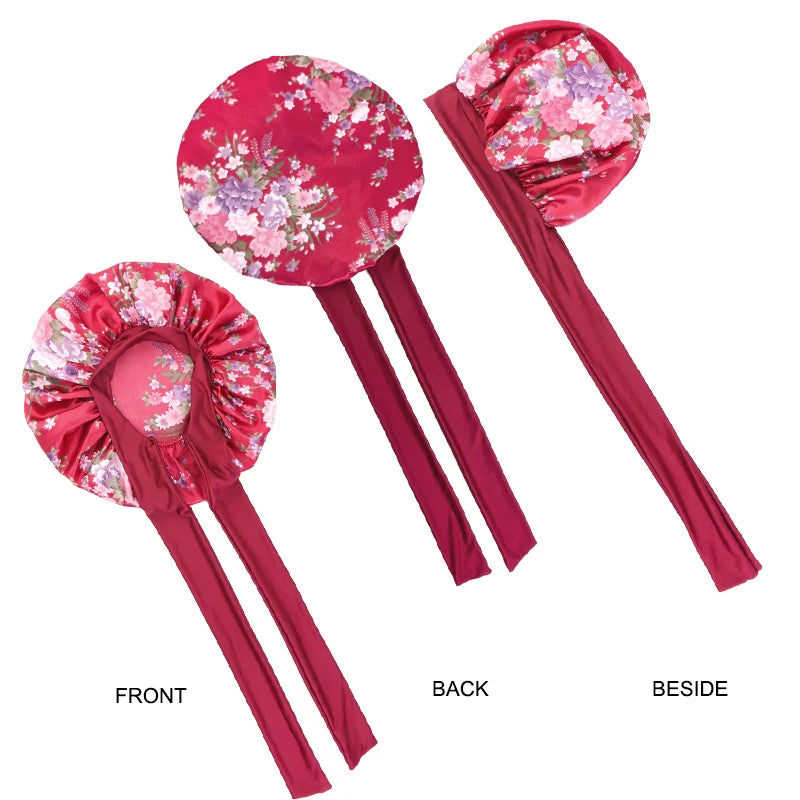 New Flower print Silky Bonnet For Sleeping Satin Hair Bonnet With Tie Band Hair Cover Night Shower Cap For Natural Curly Hair - NamafadStore