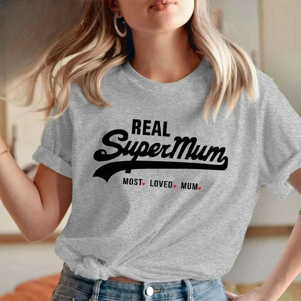 New Fashion Short Sleeve Crewneck Mama Y2k T-Shirt Real Super Mom Superhero Mother's Day Most Loved Mum Tee Y2k Harajuku Tops