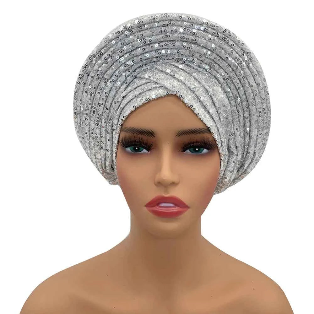 Sequins Auto Gele Headtie African Women's Head Wraps Fashion Turban Cap Nigeria Wedding Geles Already Made Head Ties Headpiece
