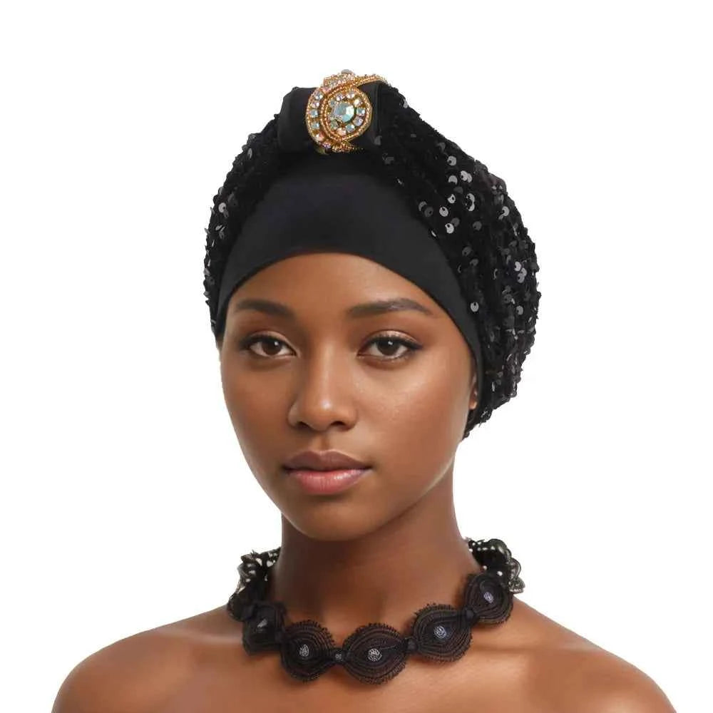 Sequin African Headtie Summer Autumn African Solid Color Party Evening Headtie African Turbans for Women Outfits Caps