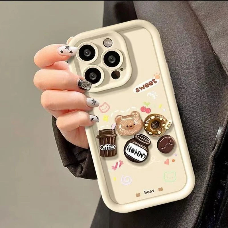 Cute 3D Bear Coffee Phone Case For Realme 14 Pro Plus 8 8i 9i 10 11 12 13 Pro 5G C21 C35 C75 C53 C67 C55 C63 C61 Matte TPU Cover