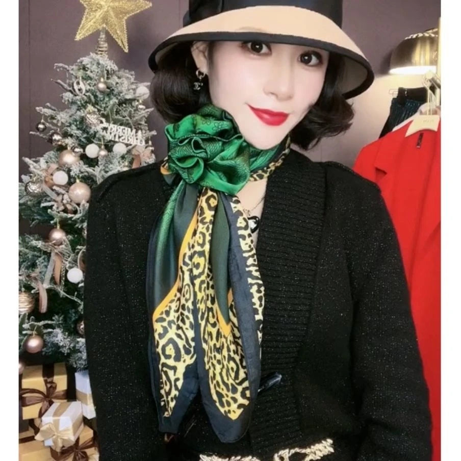 [BYSIFA] New Emerald Green Silk Scarf Women Brand Leopard Printed Square Scarves 90*90cm Fashion Accessories Headscarves Hijabs - NamafadStore