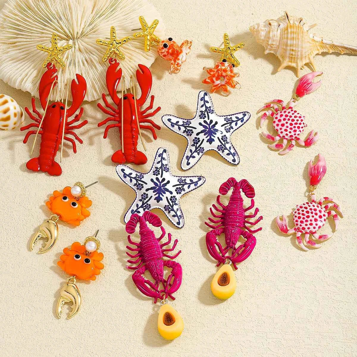 Fashion Enamel Sea Animal Dangle Earrings For Women Cute And Fun Summer Beach Starfish Lobster Crab Jewelry 2025 Ear Accessories