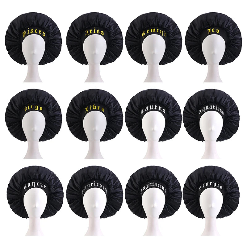 New 12 Constellations Printed Satin Sleep Bonnet Cap Wide Elastic Band Shower Cap Hair Wrap Cover for Long Hair Salon Tool - NamafadStore