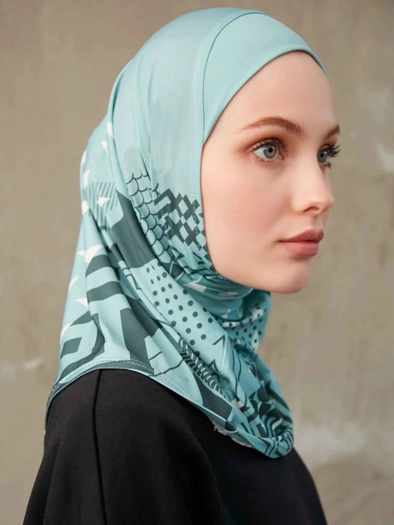 Sporty Inner Women's Hijabs Muslim Breathable Islamic Instant Turban For Ladies Geometric Printing Pattern Head Wrap Headband
