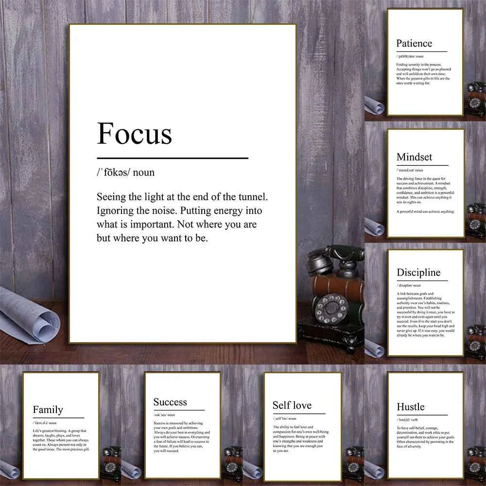 White Minimalist Inspirational Phrases Poster Print Success Focus Patience Definition Canvas Painting for Home Office Wall Decor