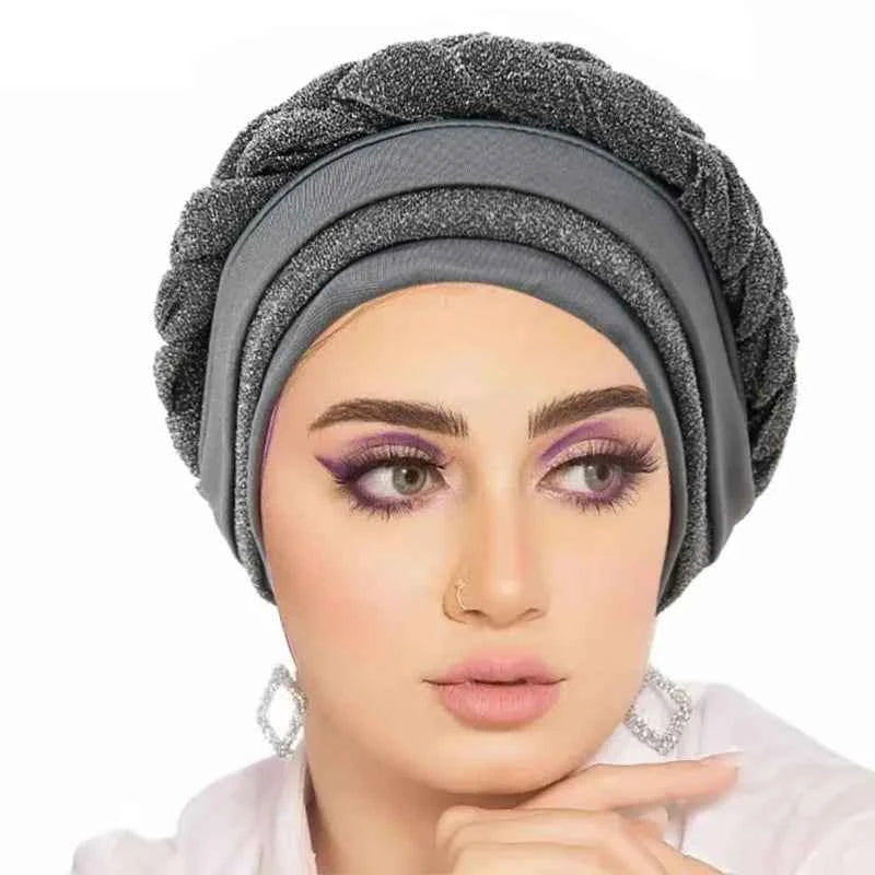 Glitter Full Body Pleated Turban Cap for Women 2025 Lady Head Wraps Muslim Headscarf Hat Turbante Mujer African Headpiece