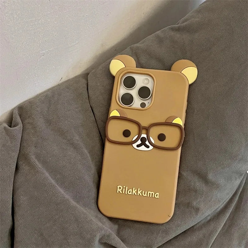 For iPhone 16 15 14 Plus 13 12 Pro Max 11 X Xs Max 7 8 SE 6s 5s Phone Case 3D Cartoon Glasses Rilakkuma Bear Soft Silicone Cover