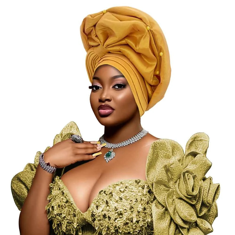 African Female Head Wraps Raw Silk Turban Cap for Women Nigeria Wedding Party Headcover Hat Ready to Wear Head Ties