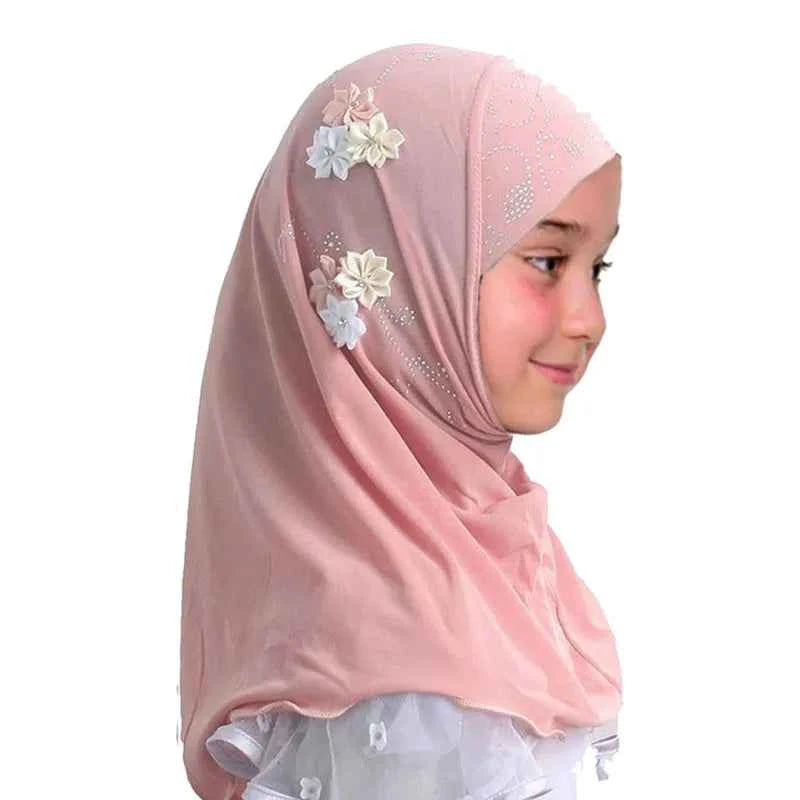 Kids Hijab for Girls Muslim Instant Hijabs Ready To Wear Islamic Shawls Turban with Flowers Scarfs Jersey Head Wrap (2-7 Y)