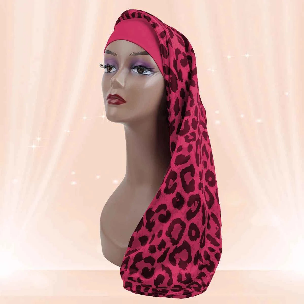 Women's Long Round Tail Bonnet-Silk Sleep Bonnet with Wide Elastic Edge-Hair Protector for Curly & Straight Hair-Leopard Print