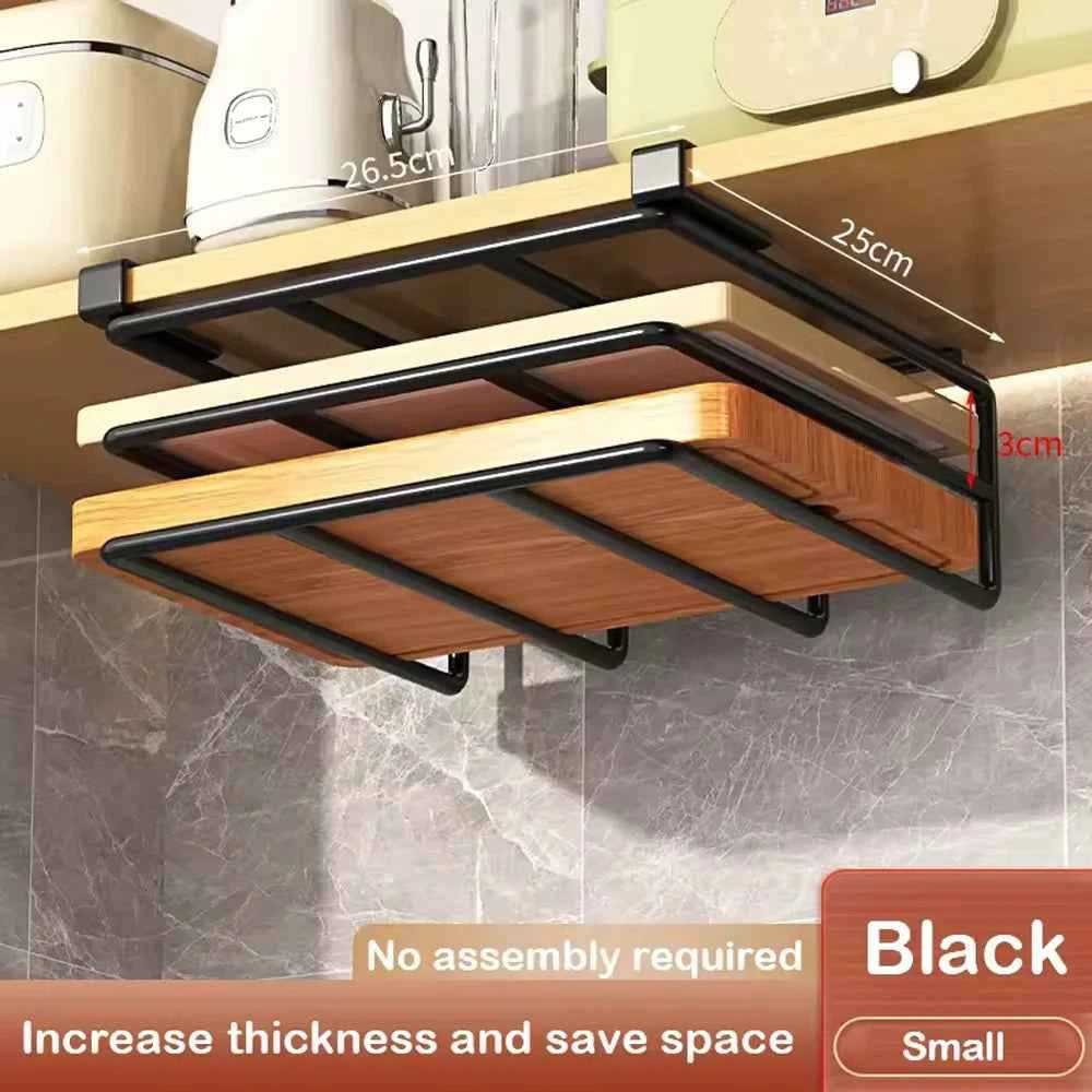 Under Cabinet Kitchen Organizer Rack with Hooks Multi-Purpose Storage Shelf for Paper Towel Cutting Board & Pot Lids