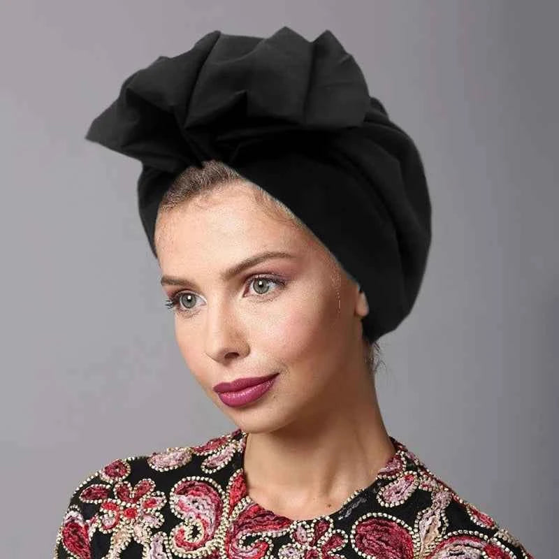 Trendy Big Bow Knot Turban Bonnets For Women Designer Retro Stretchy Beanie Cap Gorgeous Party Head Cover Plain Hijabs Head Wrap