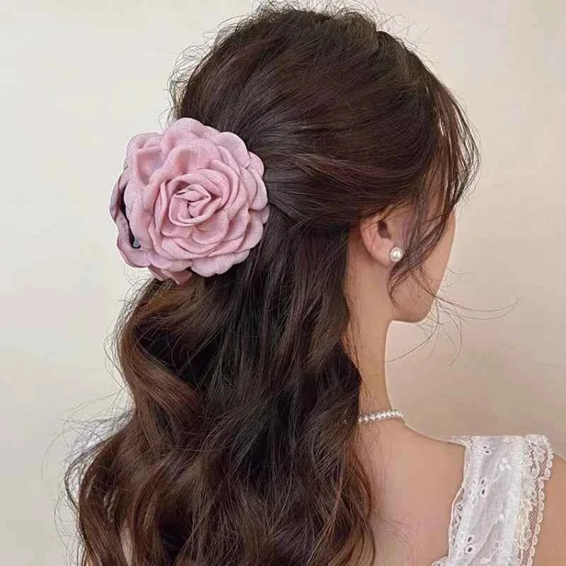 French Romantic Rose Flower Hair Clip Women Elegant Large Shark Clip Hair Claw Ponytail Barrettes Girl Hair Accessories Headwear