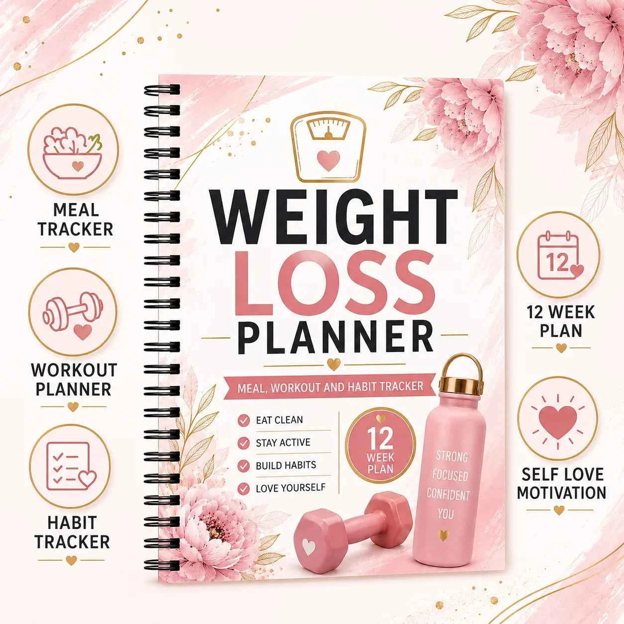 Weight Loss Planner, Meal Workout and Habit Tracker, 12 Week Plan Journal for Women, Fitness Lifestyle Tracker