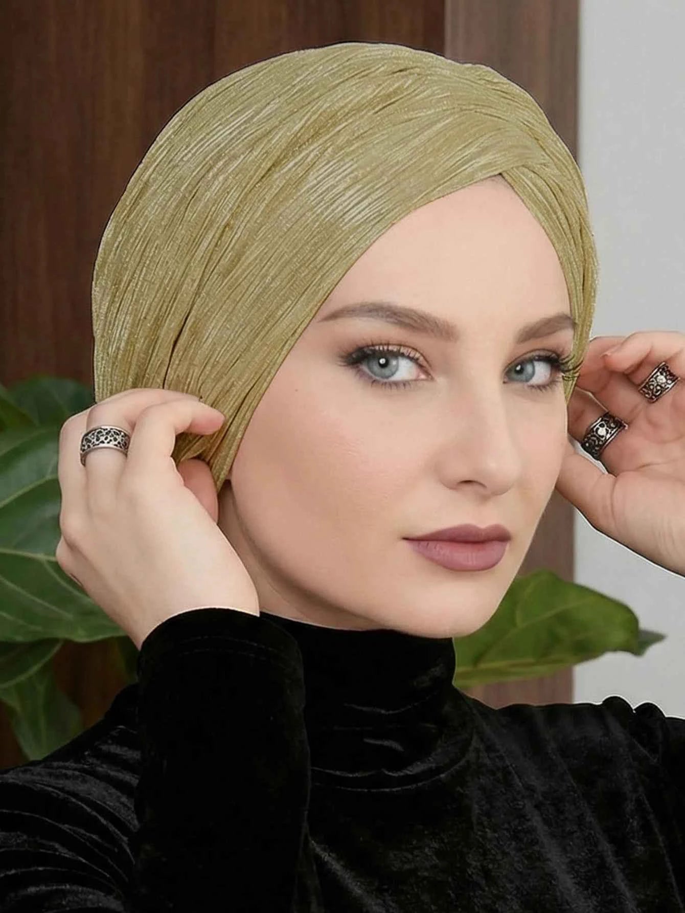 1 ultra-thin shiny gold wire women's headband, women's Muslim headscarf, solid color Elegant, gorgeous polyester fiber ﻿