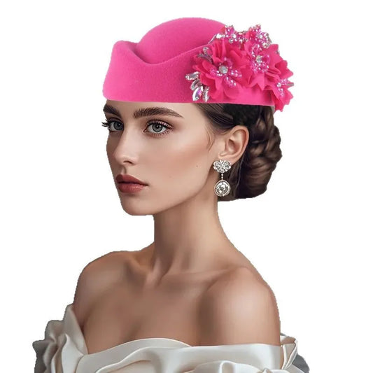 African Headtie Turban Hat for Women in bright pink with floral embellishments, suitable for church, parties, and casual wear