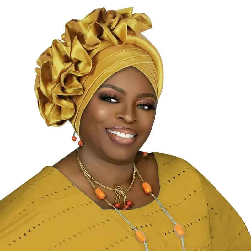Ruffled Turban Cap for Women African Lady Head Wraps Bonnet Nigeria Female Headtie Wedding Party Headgear