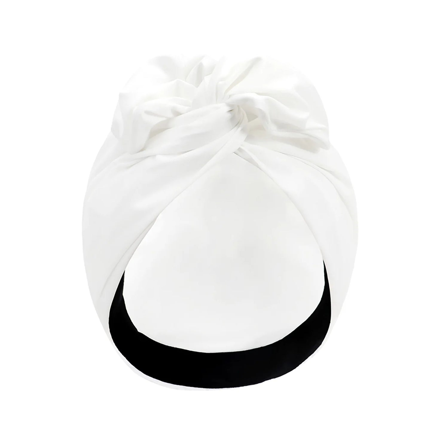 White vintage turban hat with a knotted design, featuring a black inner band for a secure fit. Ideal for fashion and head cov