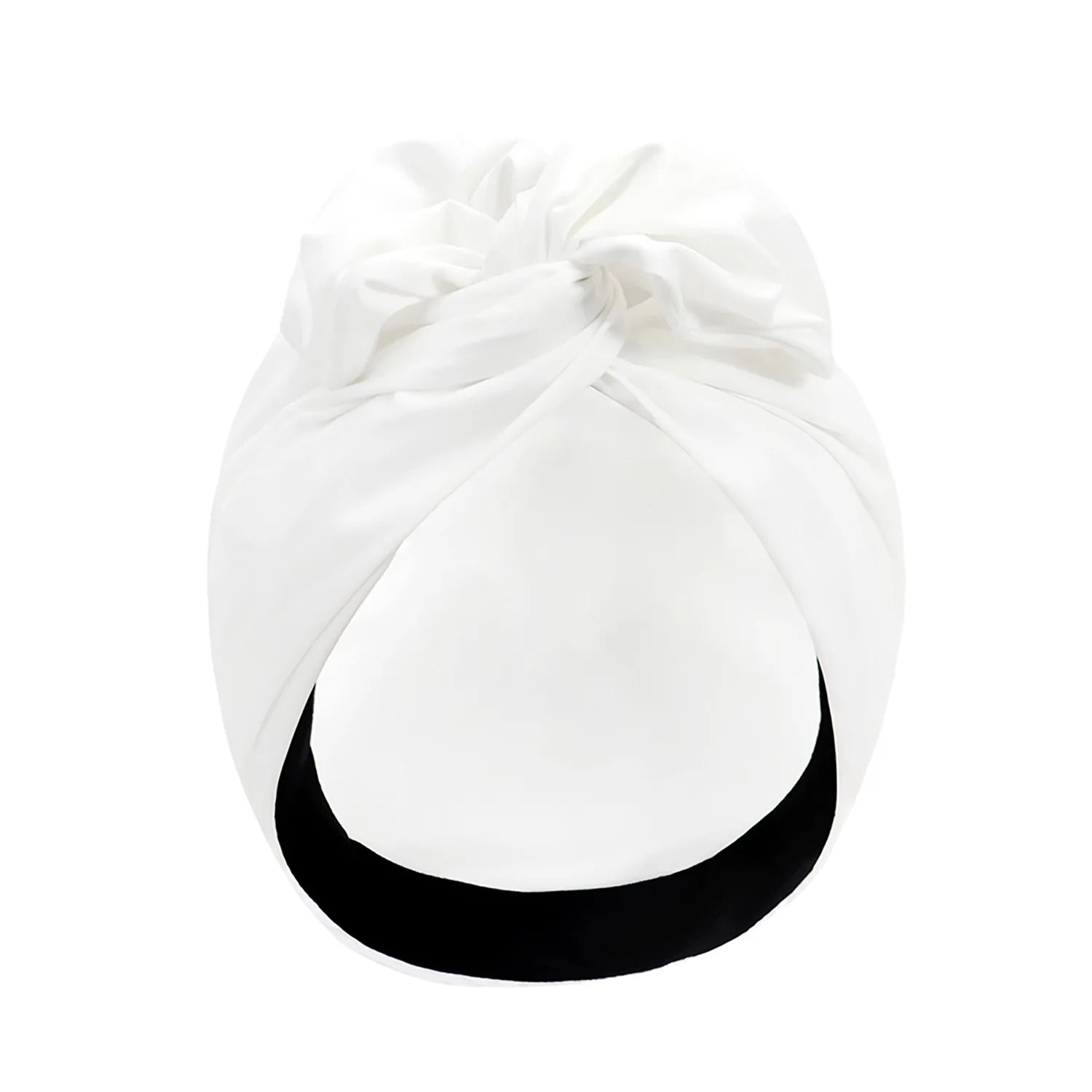 White vintage turban hat with a knotted design, featuring a black inner band for a secure fit. Ideal for fashion and head cov