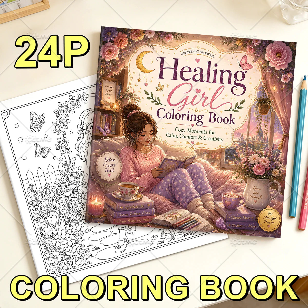 Healing Girl Coloring Book for Adults & Teens – Cute Stress Relief Coloring