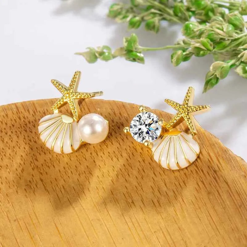 Cute Small Starfish Shell Stud Earrings for Women Asymmetric Rhinestones Imiation Pearl Charms Earrings Trendy Sweet Jewelry