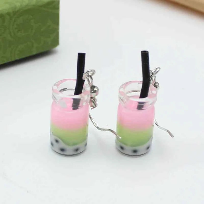 Trend Creative Funny Three Layers Colored Bubble Milky Tea Pendant Earrings for Women Personality Drink Ear Jewelry Girl Gift