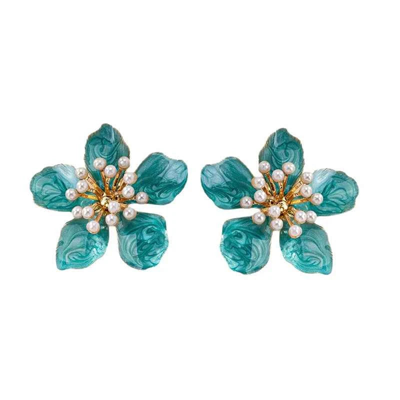 Stamping Metal Flower Enamel Petal Post Earrings For Women Imitation Pearl Multi Color Spring Summer Fashion Jewelry Gift MQF086