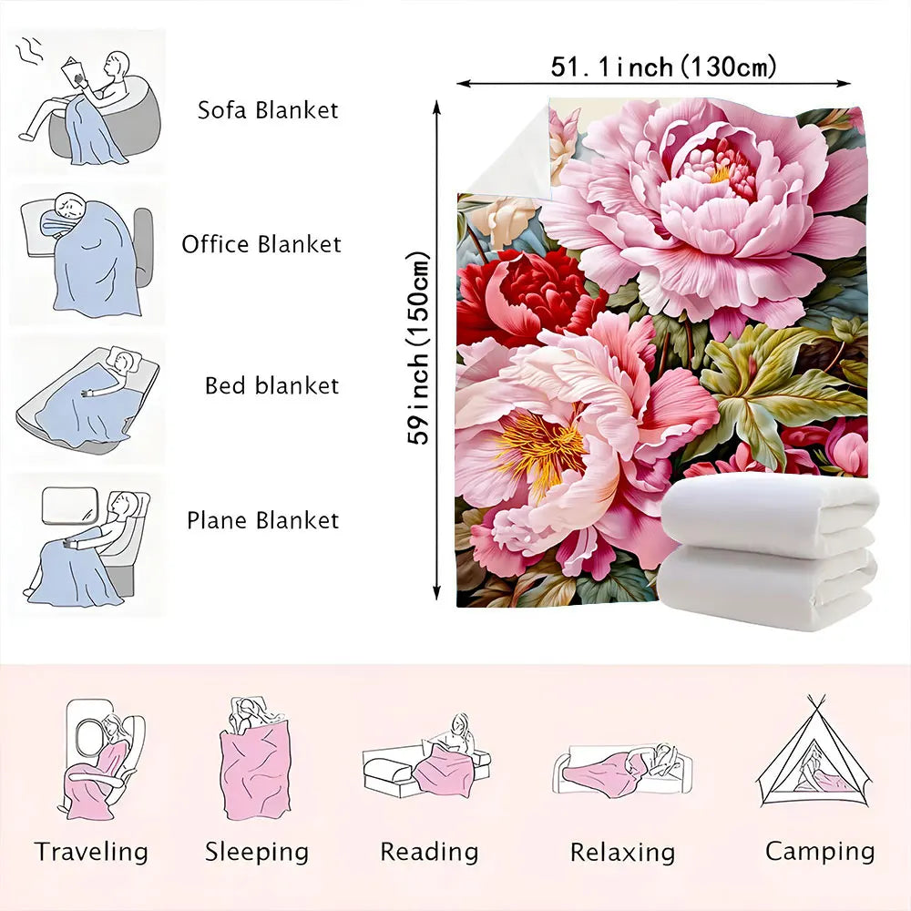 Peony Blush & Red Floral Throw Blanket - Soft, Lush Textured Design with Pink/Red Peonies, Golden-Yellow Stamens, Green Leaves -