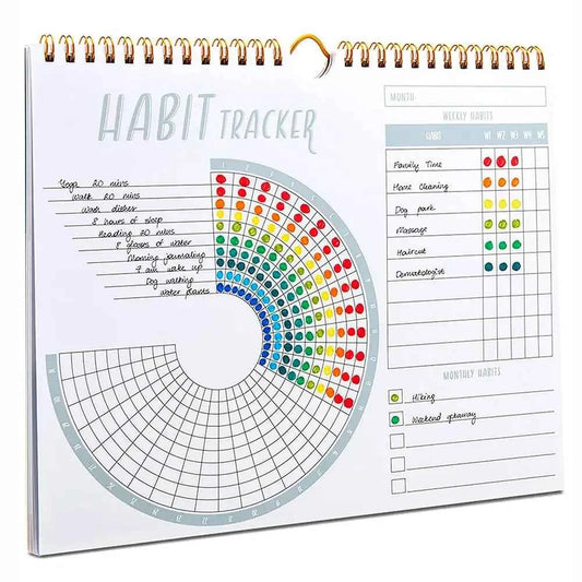 Spiral-bound undated habit tracker planner with colorful circular chart and monthly checklist