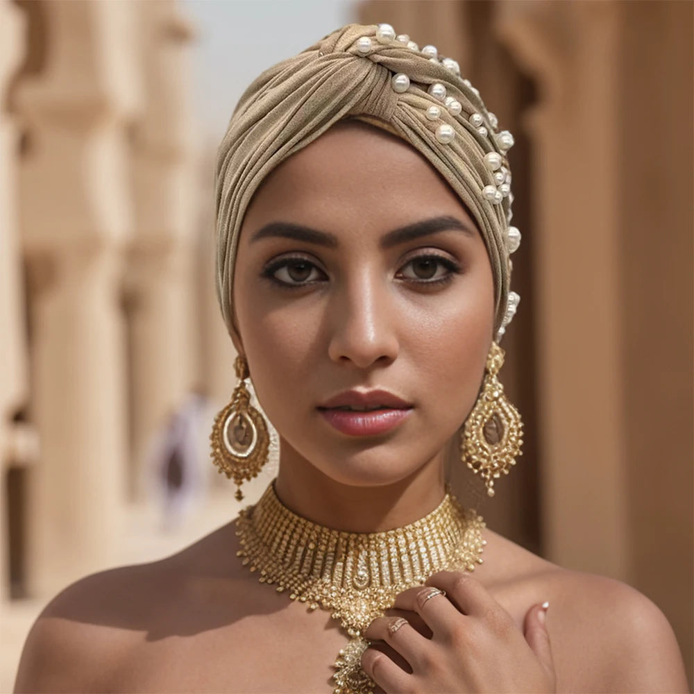 2024 Suede Twisted Turban Cap for Women Beading Head Wraps Bonnet Muslim Headscarf Hat Lady Wrap Head Scarf - NamafadStore
