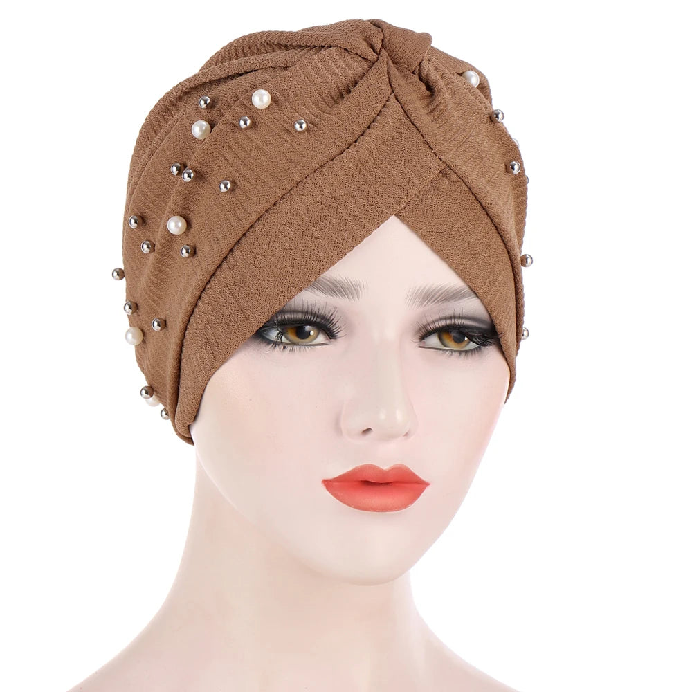 1PC Women Turban Hat Elastic Hijab with Beads Cancer Chemo Cap Head Wrap for Hair Loss