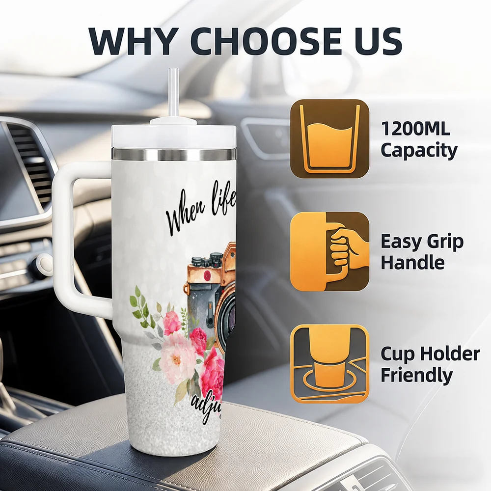40oz Stainless Steel Tumbler with Handle & Straw – Insulated Travel Cup