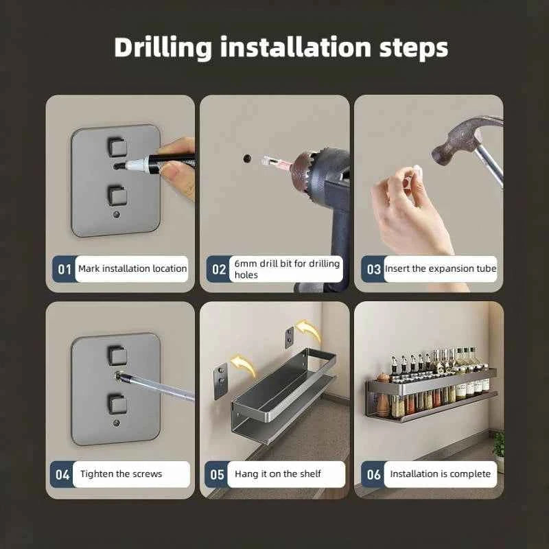 Aluminum Wall-Mounted Shelf Multifunctional Kitchen Spice Storage Rack Kitchen No Punching Required Kitchen Accessories