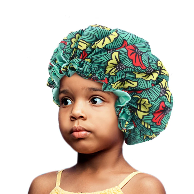 Kids Elastic Sleep Cap African Print Hair Bonnet Turban Satin Lined Cap Night Sleep Hat Children Turban Hair Wrap Styling Tools - NamafadStore