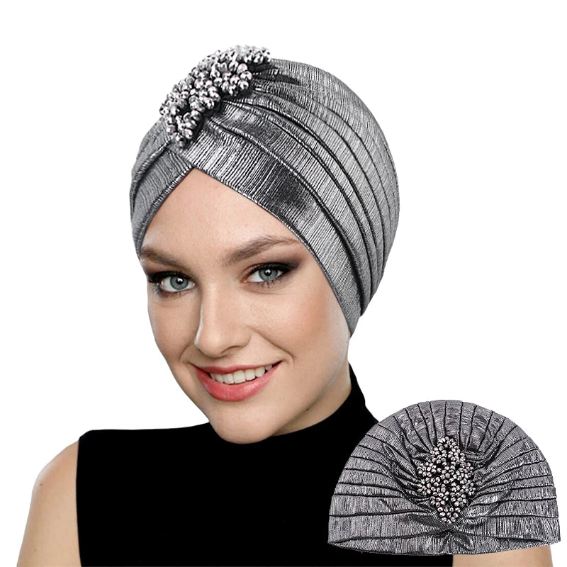 New Women's Luxury Diamond Turban Cap Muslim Indian Hat Bandana Elastic Beanies Chemo Cap African Hat Headwear - NamafadStore