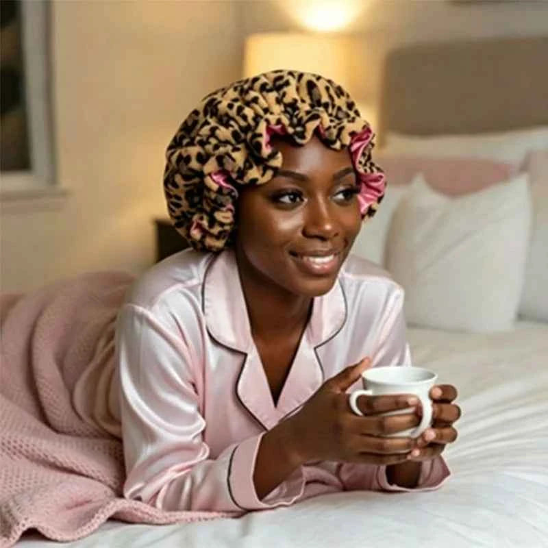 Unisex Leopard Plush Bow Sleep Bonnet Satin Lined Anti-Frizz Quick Dry Bath Cap Men Women Night Hair Protection Shower Head Wrap