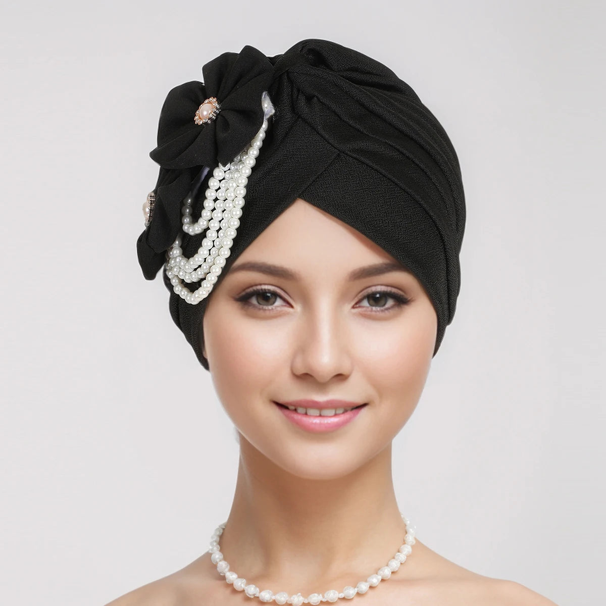 Pearls Beading Turban Cap for Women Flower Design Female Head Wraps Muslim Headscarf Bonnet Hairloss Hat Cover - NamafadStore