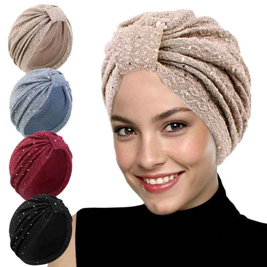 Women Knitted Twist Turban Hat Elegant Muslim Sequin Hijab Scarf Twist Headband Headwrap  Ladies Indian Hijab Turbante
