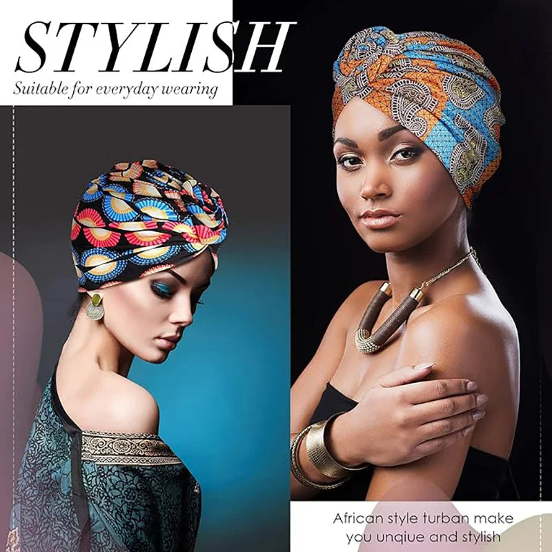 New African Print Pleated Turban Floral Beanie Knot Flower India Head Wrap Elegant Women Chemo Cap Bandana Headwear Head Cover - NamafadStore