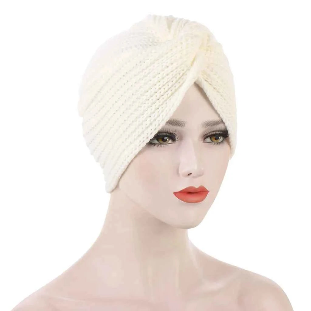 Muslim Fashion Imitation Cashmere Turban Caps for Women Bohemian Style Hijab Caps Indian Hat Solid Color Ladies Knitted Cap
