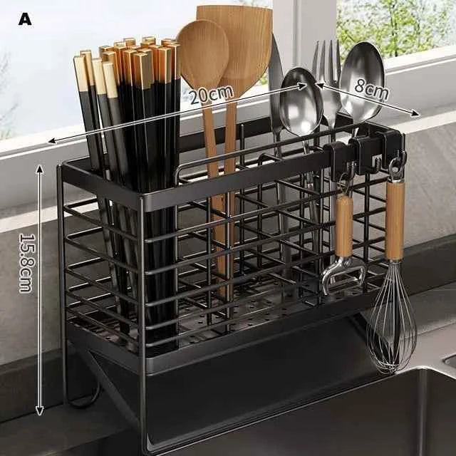 Cutlery Organizer Kitchen Storage Rack Wall Mounted Knife, Fork, Spoon Chopstick Rack with Drainage Tray Kitchen Utensil Cage