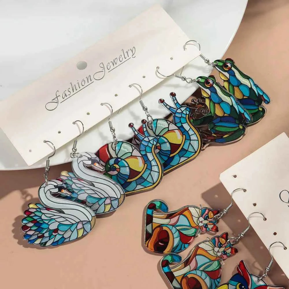 New Church Colorful  Cat Owl Elephant Acrylic Earrings Set for Women 3pair Cute Cartooon Animal Drop Earring Funny Jewelry Gifts