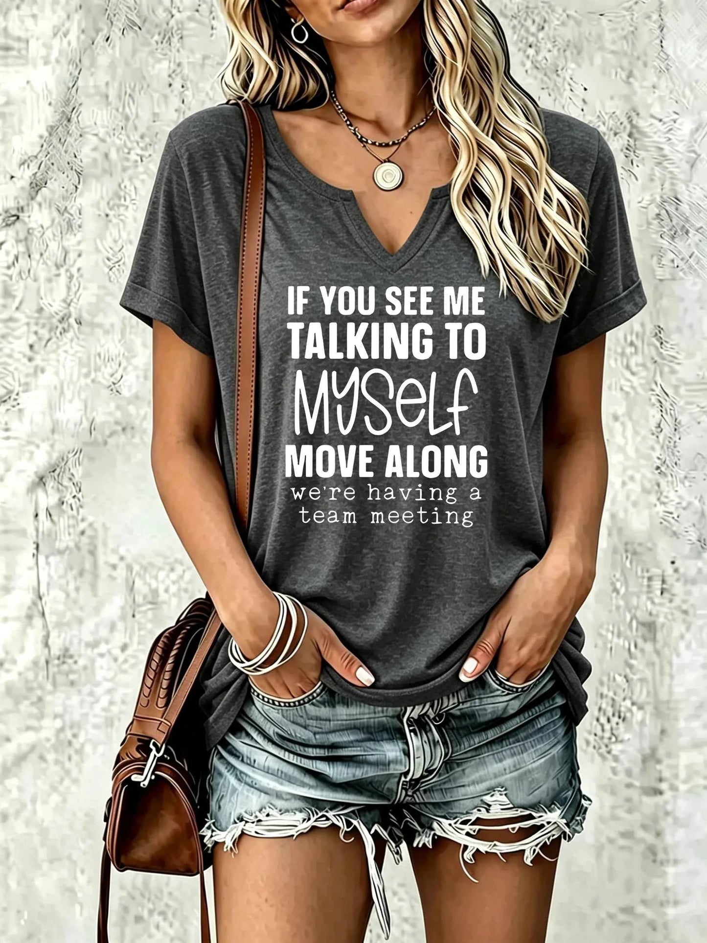 Women Summer V Neck T-shirt, Funny Team Meeting Slogan Letter Print, Soft Casual Humor Daily Basic Tee for Ladies