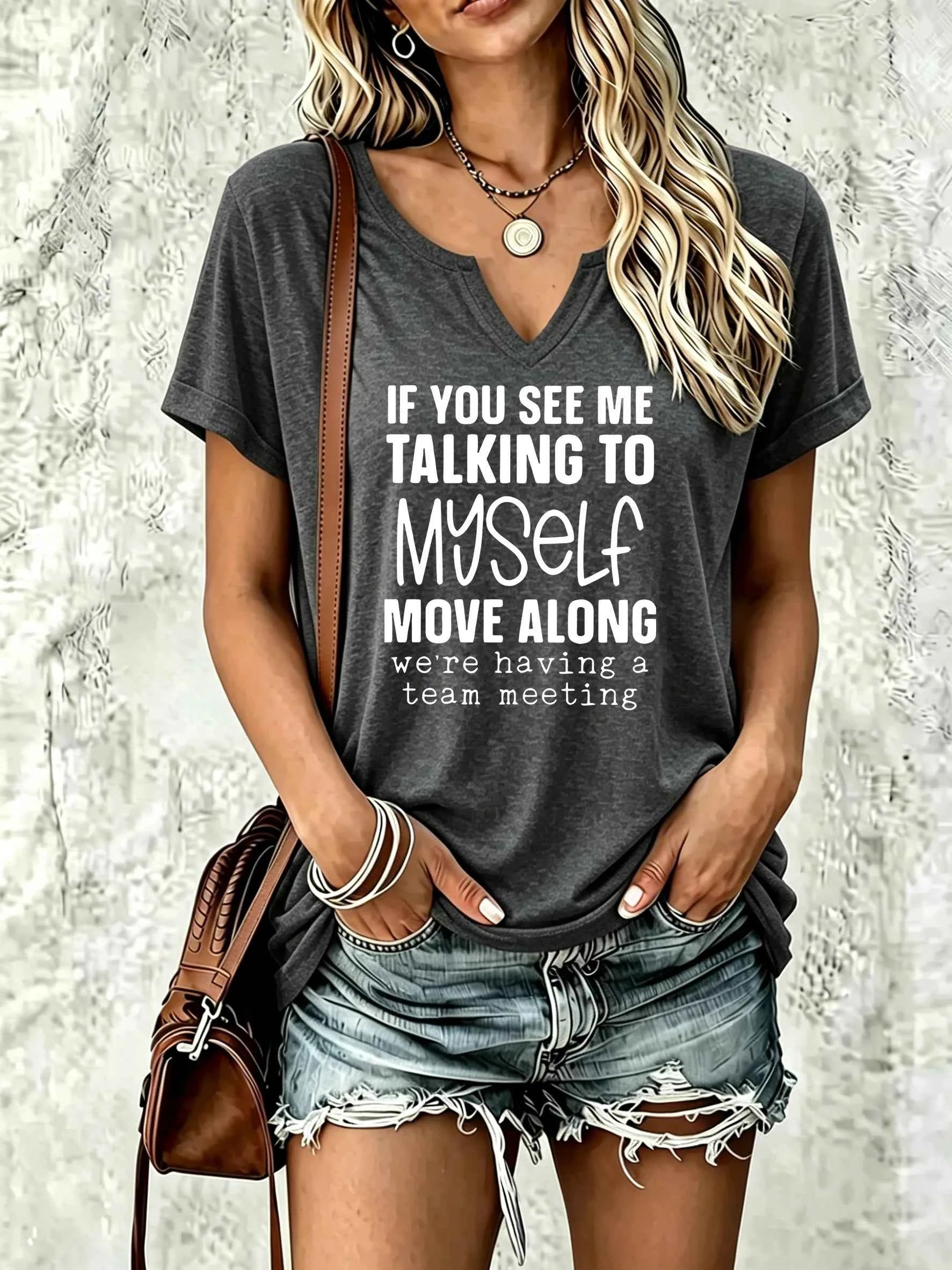 Women Summer V Neck T-shirt, Funny Team Meeting Slogan Letter Print, Soft Casual Humor Daily Basic Tee for Ladies