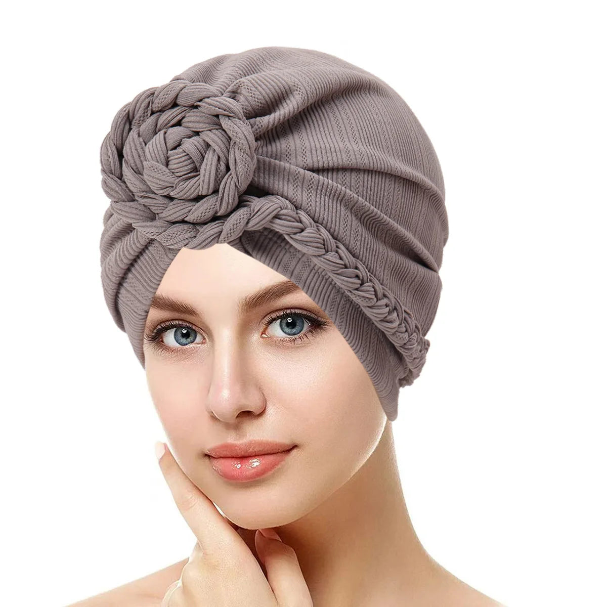 Trendy Crinkle Hijab Solid Color Muslim Ladies Turban Bonnet with Flower Decor for Ramadan and Everyday Wear