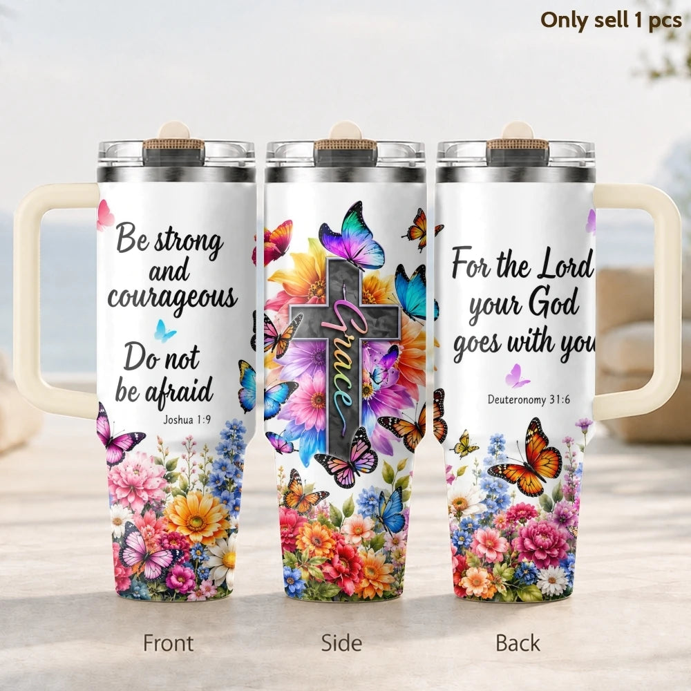 40oz Christian Butterfly Floral Tumbler – Insulated Stainless Steel Cup