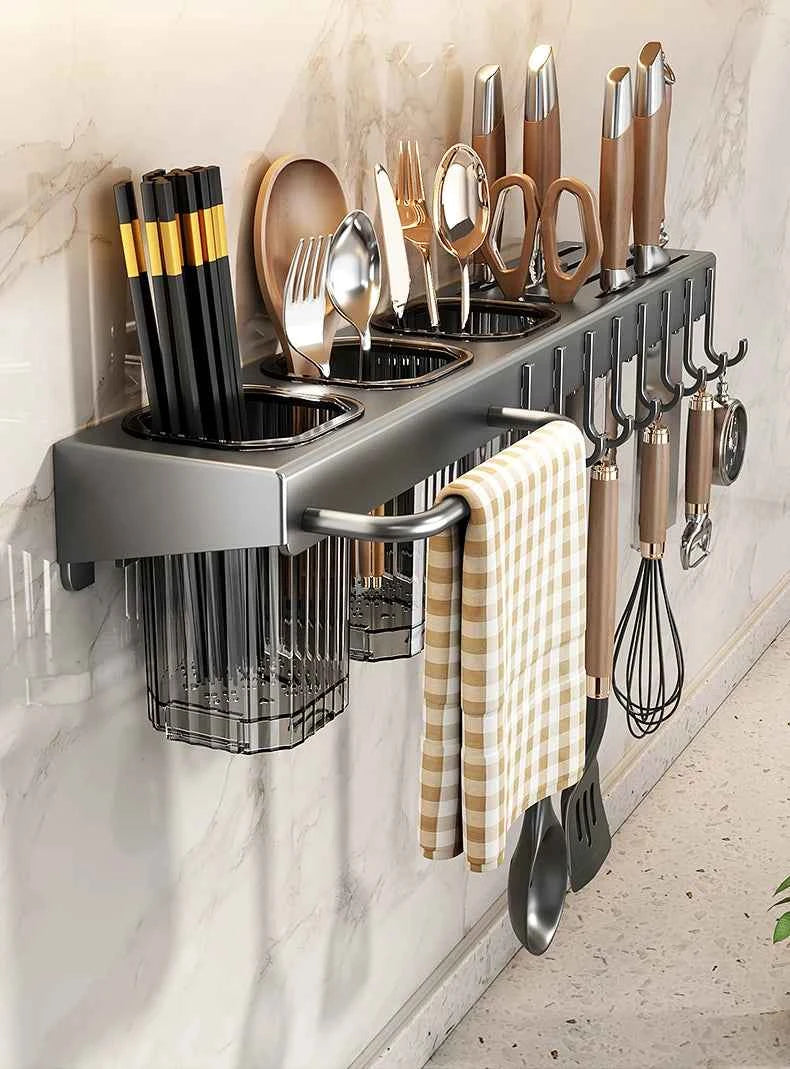 Wall-mounted knife rack for kitchen, multifunctional, no drilling required, knife and utensil holder, chopstick tube, integrated