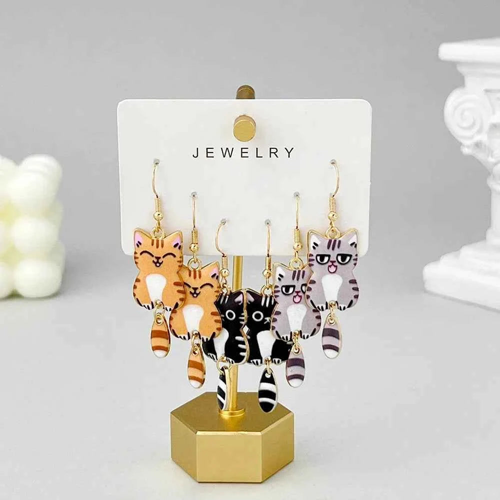3 Pairs New Fun and Cute Enamel Alloy Hanging Tail Cat Dangle Earrings Colored Cat Ear Jewelry Set Lovely Gift For Women Girls