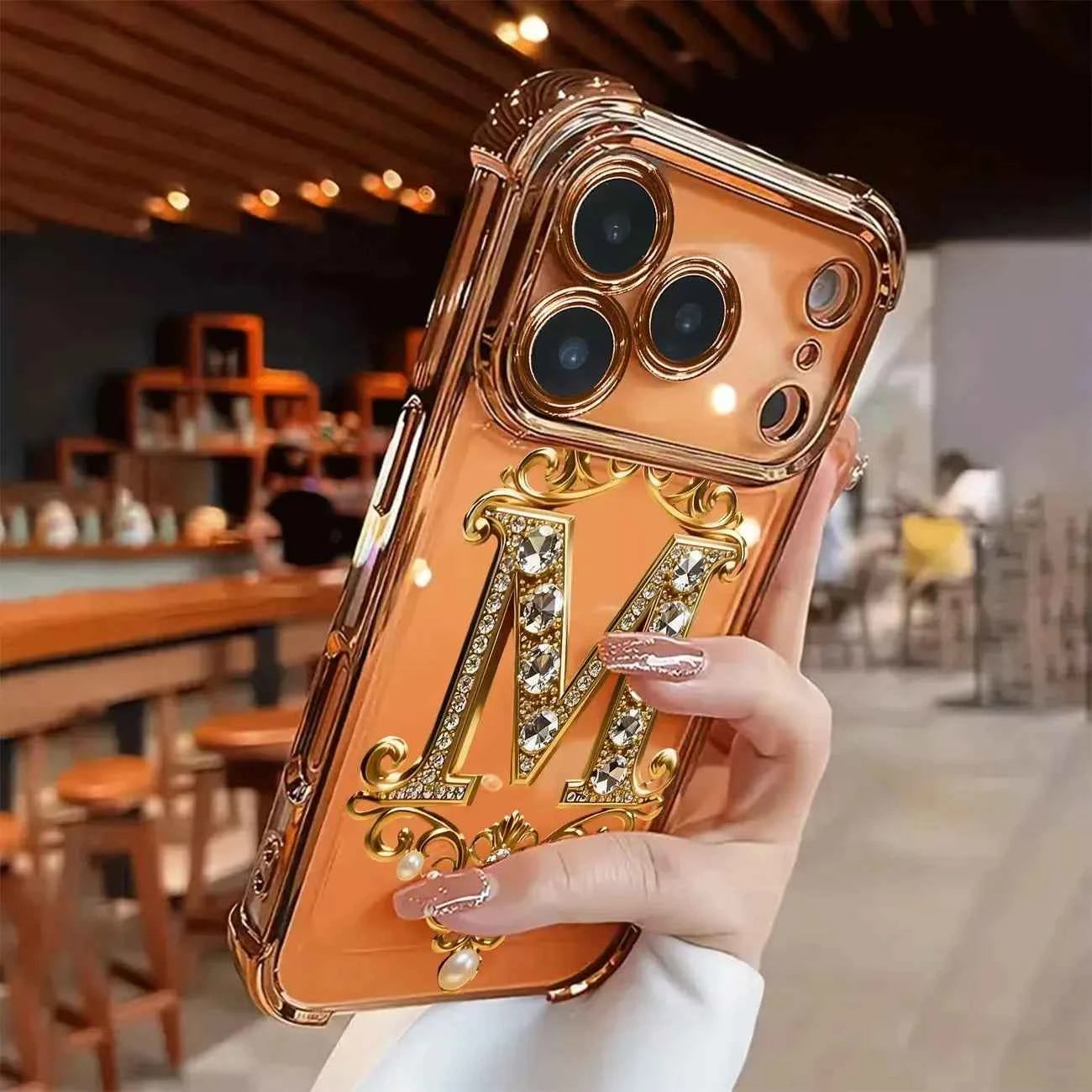 Diamond Golden "M" Pattern New Electroplated Transparent TPU Case For iPhone 17 Pro Max Air 16 15 14 Plus 11 12 13 Bumper Cover
